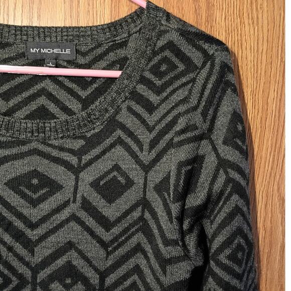 My Michelle black gray geometric sweater dress l cozy winter knit bodycon casual - Picture 3 of 10